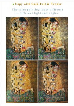 Copia del beso de Gustav Klimt con lámina dorada en polvo dorado. Guarde la imagen y amplíela para ver los detalles. Pinturas al óleo